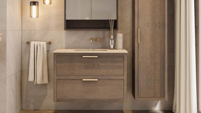 Hangend donker eiken wastafelmeubel 100 cm met 2 lades softclose en beton beige wastafel
