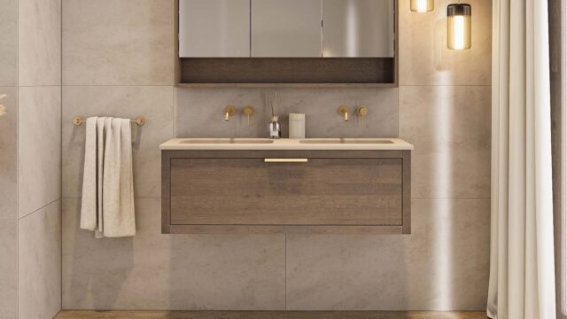 Hangend modern donker eiken badkamermeubel 120 cm met 1 lade en dubbele beton beige wastafel