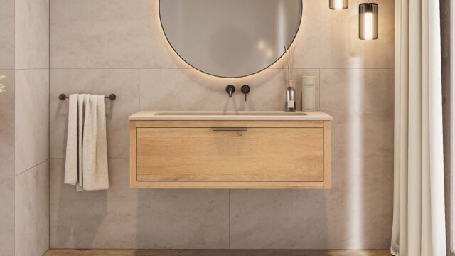 Hangend naturel eiken wastafelmeubel 120 cm met 1 lade softclose en beton beige wastafel