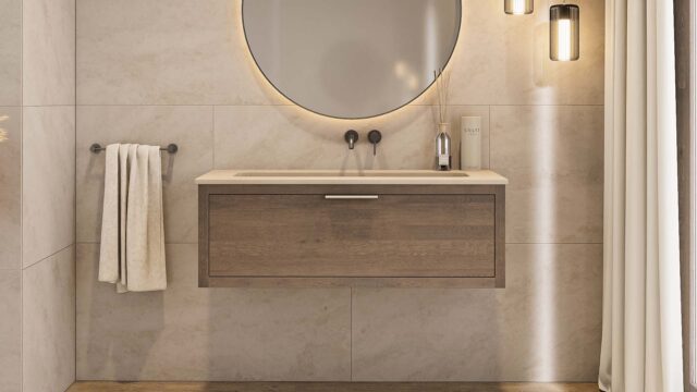 Hangend donker eiken wastafelmeubel 120 cm met 1 lade softclose en beton beige wastafel