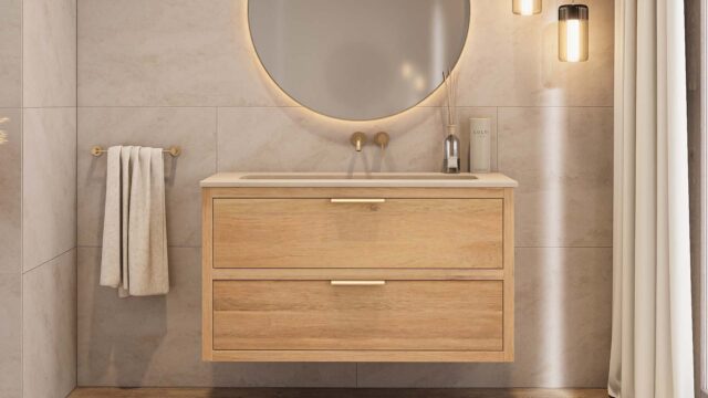 Hangend naturel eiken wastafelmeubel 120 cm met 2 lades softclose en beton beige wastafel