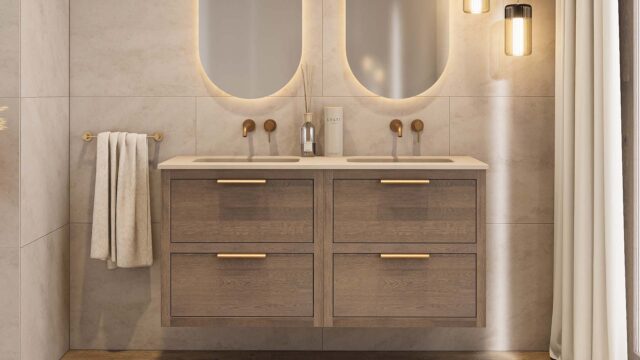 Hangend modern donker eiken badkamermeubel 140 cm met 2 lades en dubbele beton beige wastafel
