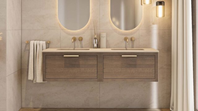Hangend modern donker eiken badkamermeubel 160 cm met 1 lade en dubbele beton beige wastafel