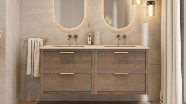 Hangend donker eiken badkamermeubel 160 cm met twee lades, vlak front en beton beige wastafel