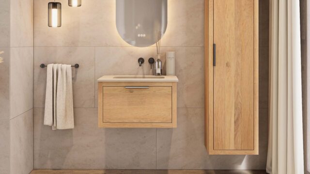 Hangend naturel eiken wastafelmeubel 70 cm met 1 lade softclose en beton beige wastafel