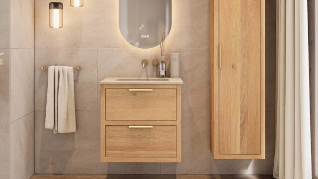 Hangend naturel eiken wastafelmeubel 70 cm met 2 lades softclose en beton beige wastafel