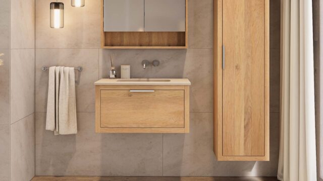 Hangend naturel eiken wastafelmeubel 80 cm met 1 lade softclose en beton beige wastafel