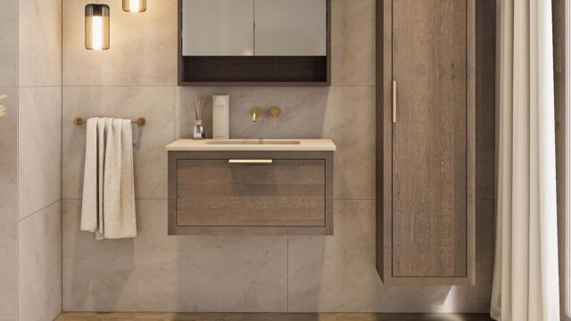 Hangend donker eiken wastafelmeubel 80 cm met 1 lade softclose en beton beige wastafel