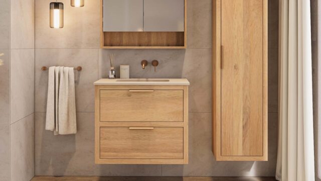 Hangend naturel eiken wastafelmeubel 80 cm met 2 lades softclose en beton beige wastafel