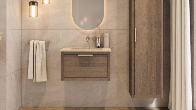 Hangend donker eiken wastafelmeubel 70 cm met 1 lade softclose en beton beige wastafel
