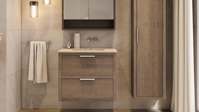 Hangend donker eiken wastafelmeubel 80 cm met 2 lades softclose en beton beige wastafel