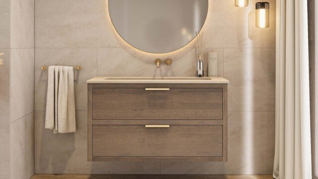 Hangend donker eiken wastafelmeubel 120 cm met 2 lades softclose en beton beige wastafel