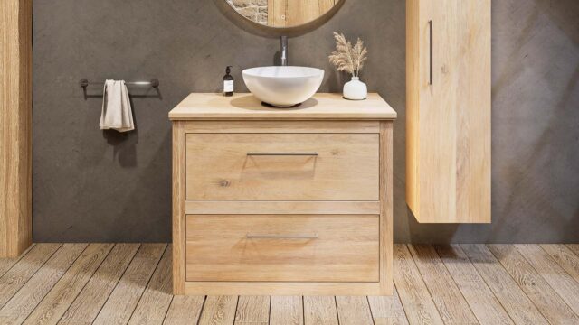Ruim landelijk eiken badkamermeubel 100 cm met eiken wastafelblad en ronde keramische waskom