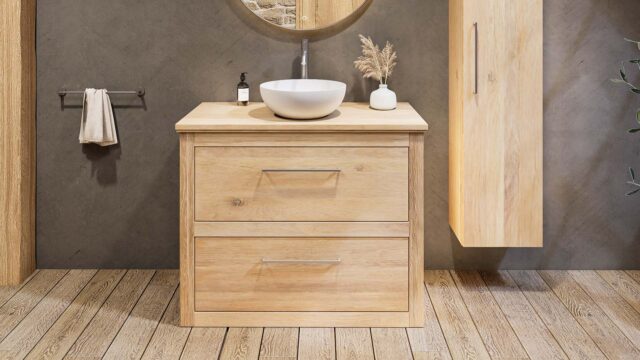 Massief eiken badmeubel 100 cm met vlak front, twee lades, eiken wastafelblad en witte solid surface waskom