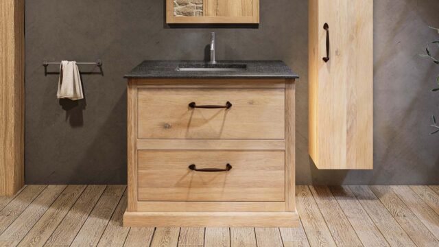Landelijk massief eiken badkamermeubel 100 cm met granieten blad en bijpassende waskom