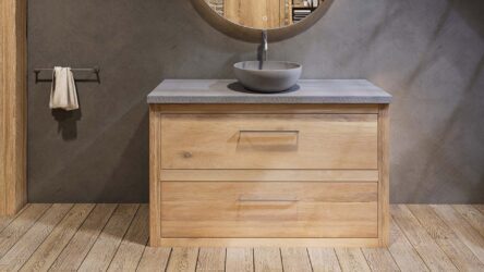 Landelijk massief eiken badkamermeubel 130 cm met beton grijs wastafelblad en bijpassende waskom