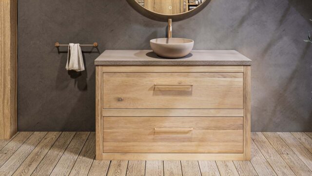 Ruim landelijk eiken badkamermeubel 130 cm met beton beige wastafelblad en één bijpassende waskom