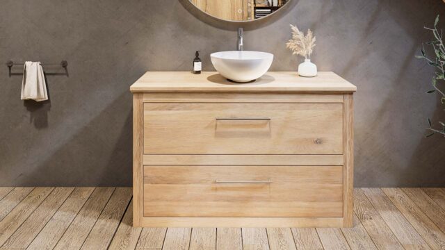 Massief eiken badkamermeubel 130 cm met eiken wastafelblad en één ronde witte keramische waskom