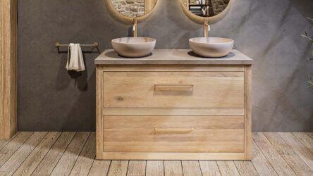 Ruim massief eiken badkamermeubel 130 cm met beton beige wastafelblad en twee bijpassende waskommen