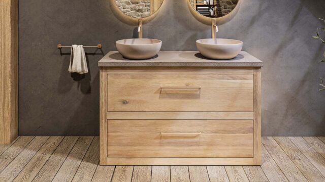 Ruim massief eiken badkamermeubel 130 cm met beton beige wastafelblad en twee bijpassende waskommen