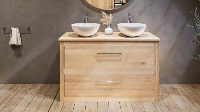 Ruim eiken wastafelmeubel 130 cm met eiken blad en twee ronde keramische waskommen