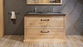 Ruim massief eiken badkamermeubel 130 cm met granieten blad en dubbele bijpassende waskommen