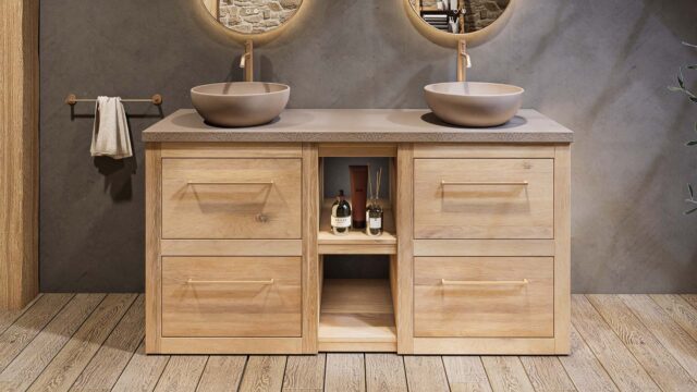 Landelijk massief eiken badkamermeubel 160 cm met schappenpakket, beton beige wastafelblad en 2 waskommen