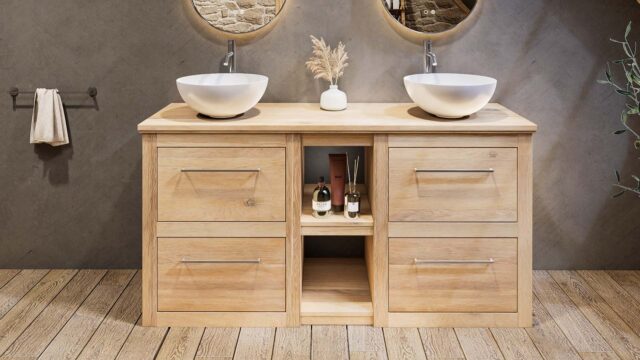 Landelijk massief eiken badkamermeubel 160 cm met schappenpakket, eiken blad en 2 keramische waskommen