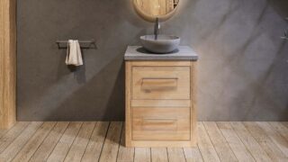 Landelijk massief eiken badkamermeubel 65 cm met beton grijs wastafelblad en bijpassende waskom