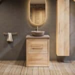 Landelijk massief eiken badkamermeubel 65 cm met beton beige wastafelblad en bijpassende waskom