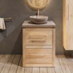 Landelijk massief eiken badkamermeubel 65 cm met beton beige wastafelblad en bijpassende waskom
