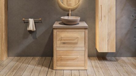 Landelijk massief eiken badkamermeubel 65 cm met beton beige wastafelblad en bijpassende waskom