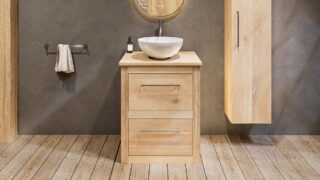 Landelijk massief eiken badkamermeubel 65 cm met eiken wastafelblad en ronde keramische waskom