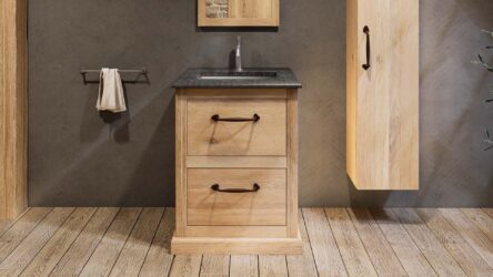 Landelijk massief eiken badkamermeubel 65 cm met granieten blad en bijpassende waskom