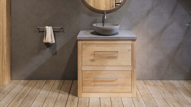 Landelijk massief eiken badkamermeubel 80 cm met beton grijs wastafelblad en bijpassende waskom