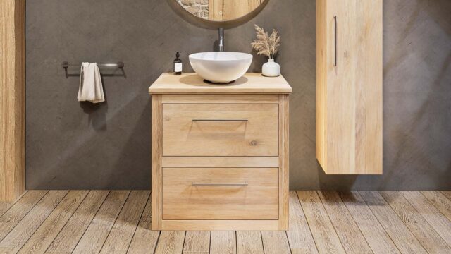 Landelijk eiken badkamermeubel 80 cm met massief eiken wastafelblad en ronde witte keramische waskom