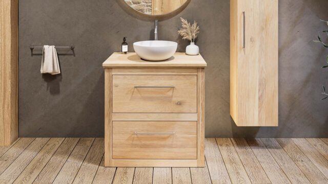 Eiken wastafelmeubel 80 cm met vlak front, eiken wastafelblad en ronde mat witte solid surface waskom