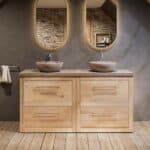 Massief eiken badkamermeubel 160 cm met beton beige wastafelblad en dubbele bijpassende waskommen