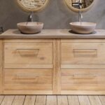 Massief eiken badkamermeubel 160 cm met beton beige wastafelblad en dubbele bijpassende waskommen
