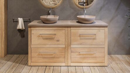 Massief eiken badkamermeubel 160 cm met beton beige wastafelblad en dubbele bijpassende waskommen