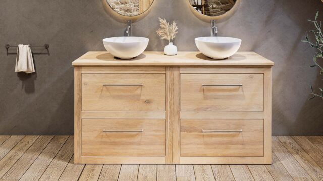 Het Florence badkamermeubel van 160 cm is een stijlvol staand badkamermeubel van massief eiken met een eiken wastafelblad en twee ronde keramische waskommen. De opstelling bestaat uit twee gekoppelde delen van 80 cm en zorgt voor een ruime en symmetr