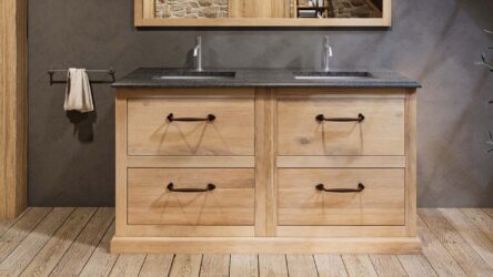 Ruim massief eiken badkamermeubel 160 cm met granieten blad en dubbele bijpassende waskommen