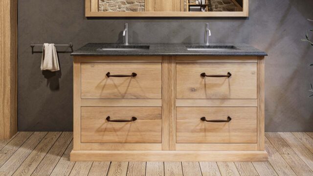 Ruim massief eiken badkamermeubel 160 cm met granieten blad en dubbele bijpassende waskommen