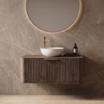 Rond donker eiken badkamermeubel 100 cm met groevenfront, eiken blad en witte solid surface waskom