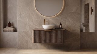 Rond donker eiken badkamermeubel 100 cm met groevenfront, eiken blad en witte solid surface waskom