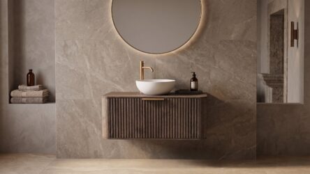 Rond donker eiken badkamermeubel 100 cm met groevenfront, eiken blad en witte solid surface waskom