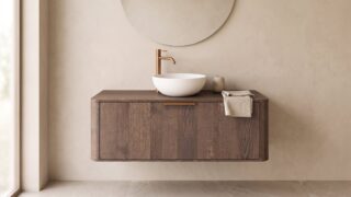 Rond hangend donker eiken wastafelmeubel 120 cm met ronde hoeken en witte solid surface waskom