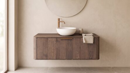 Rond hangend donker eiken wastafelmeubel 120 cm met ronde hoeken en witte solid surface waskom
