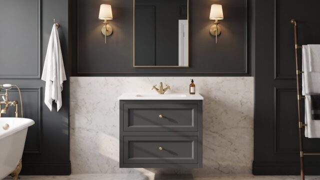Klassiek wastafelmeubel 80 cm gespoten in Off-Black met keramische wastafel en twee softclose lades