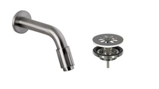 Muur fonteinkraan Black gun Metal met handige open dicht bediening aan het uiteinde van de uitloop + bijpassende afvoerplug